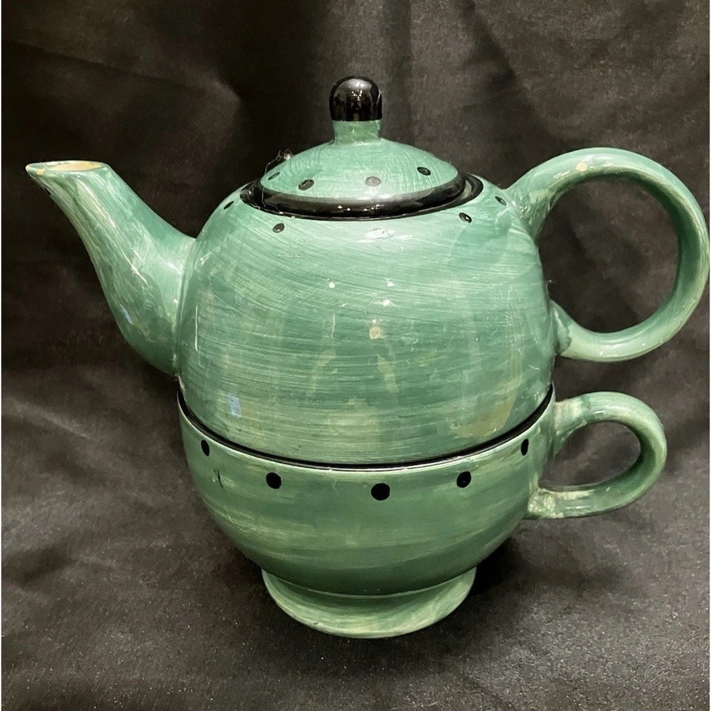 Design Pac Jade Green Black Polka Dot Tea Pot Ceramic Stackable Set w/ Cup